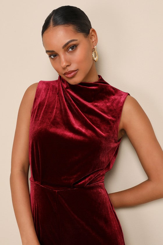 Essential Confidence Wine Red Velvet Mock Neck Jumpsuit