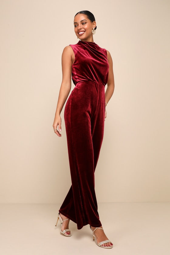 Essential Confidence Wine Red Velvet Mock Neck Jumpsuit