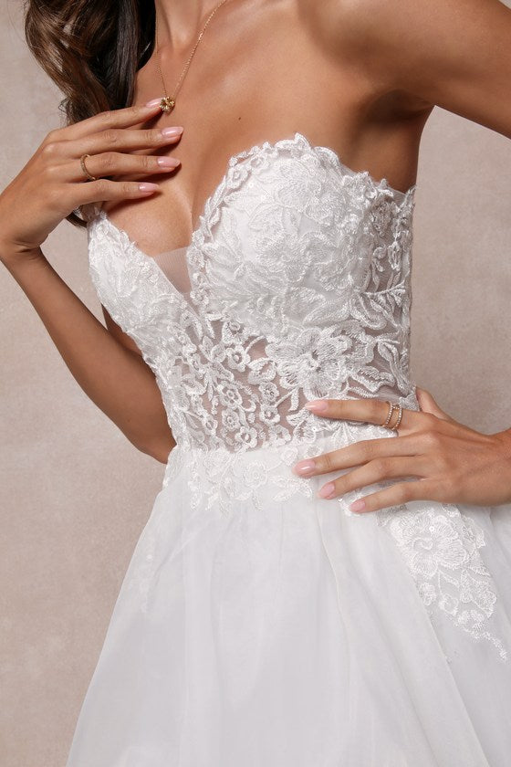 Mine, All Mine White Embroidered Organza Strapless A-Line Gown