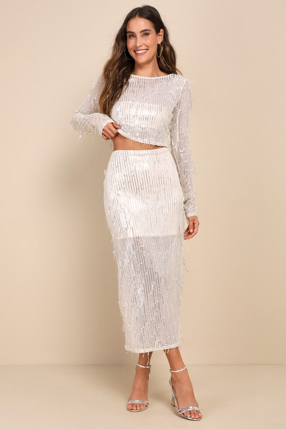 Greatest Sparkle Beige Mesh Sequin Fringe Two-Piece Midi Dress