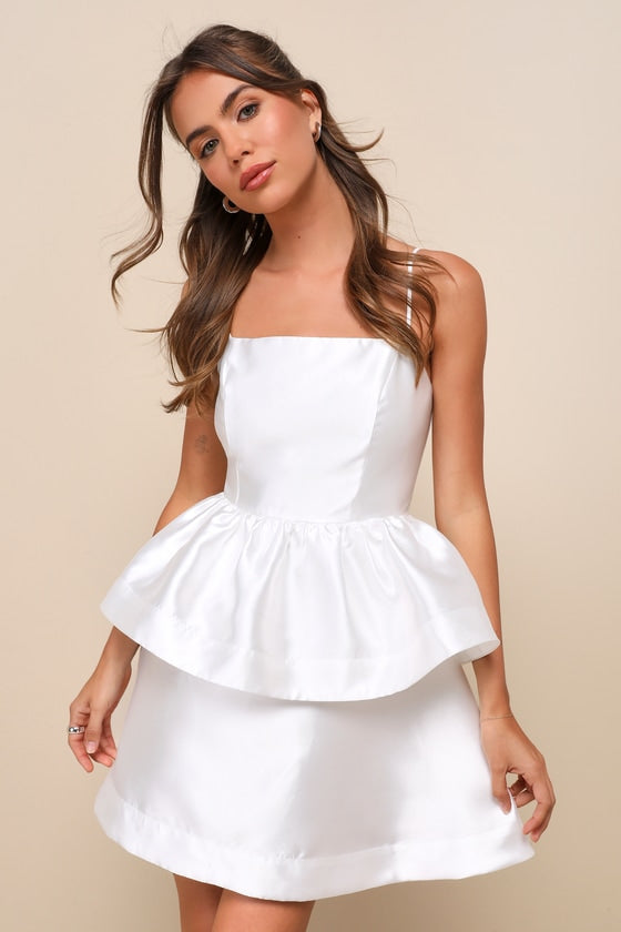 Bubbly Charm White Taffeta Tiered Ruffled Mini Dress