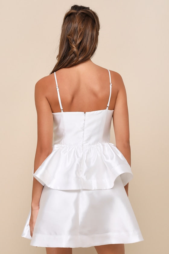 Bubbly Charm White Taffeta Tiered Ruffled Mini Dress