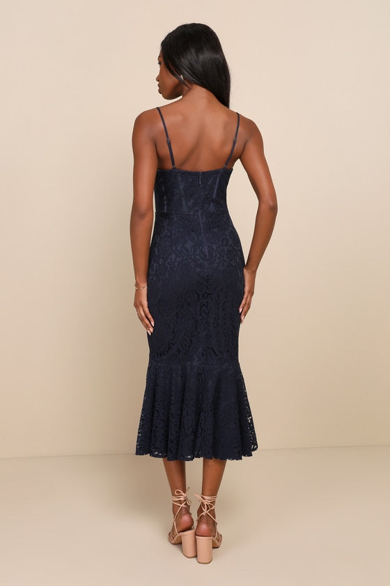 Found Your Love Navy Blue Lace Sleeveless Trumpet Midi Dress