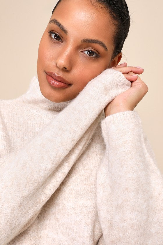 Irresistible Comfort Heather Beige Funnel Neck Pullover Sweater
