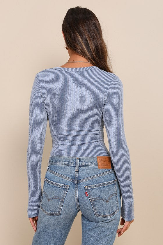 Pursuing Sweetness Light Blue Textured Ribbed Henley Bodysuit