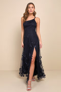 Regal Poise Navy Blue 3D Floral Applique One-Shoulder Maxi Dress