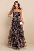Exclusive Glamour Black Floral Organza Tiered Maxi Dress
