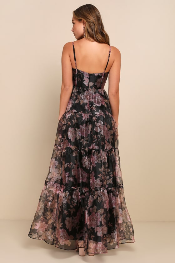 Exclusive Glamour Black Floral Organza Tiered Maxi Dress