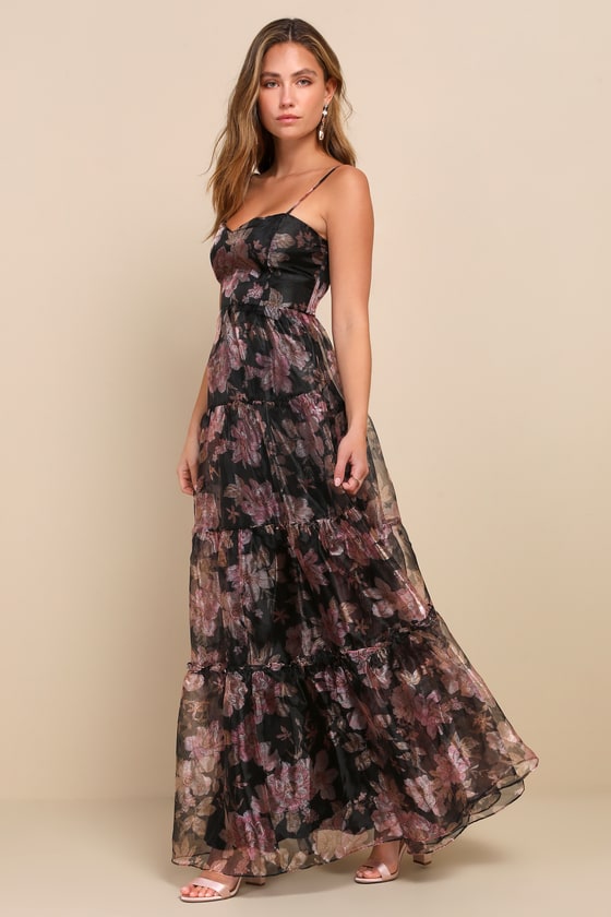 Exclusive Glamour Black Floral Organza Tiered Maxi Dress