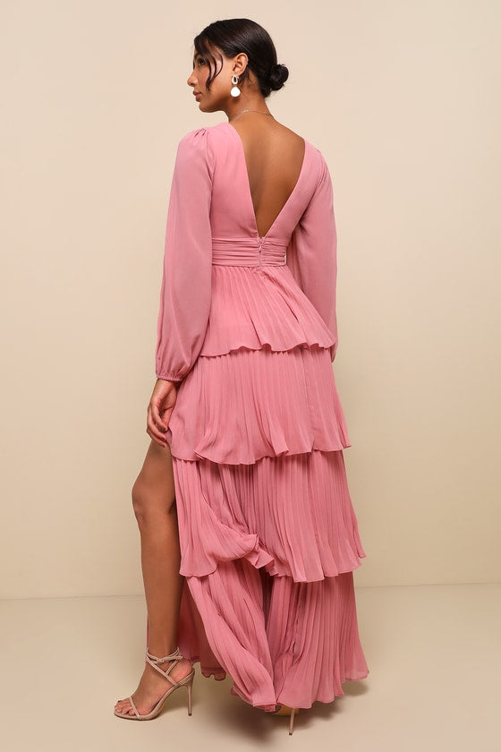 Graceful Finesse Dusty Rose Pleated Long Sleeve Maxi Dress