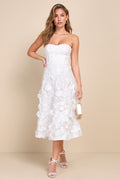 Delightful Romance White Floral 3D Strapless Lace-Up Midi Dress