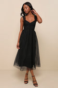Forever Celebrated Black Swiss Dot Ruched Tulle Midi Dress