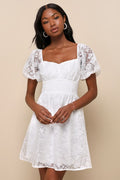 Sweetest Effect White Floral Burnout Puff Sleeve Mini Dress