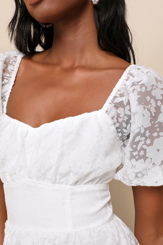 Sweetest Effect White Floral Burnout Puff Sleeve Mini Dress