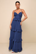Captivating Class Blue Ruffled Tiered Lace-Up Maxi Dress