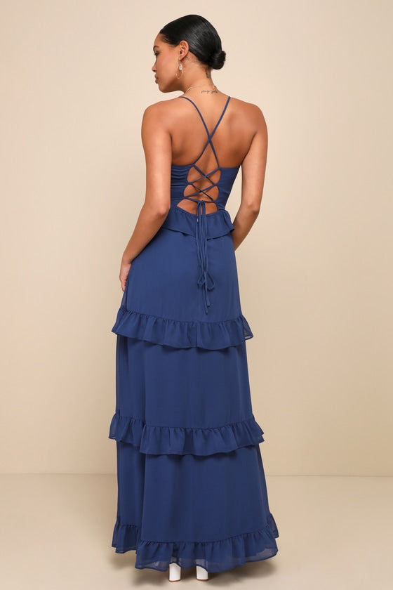 Captivating Class Blue Ruffled Tiered Lace-Up Maxi Dress