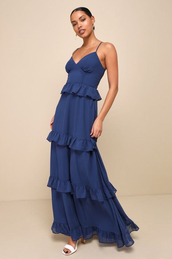 Captivating Class Blue Ruffled Tiered Lace-Up Maxi Dress