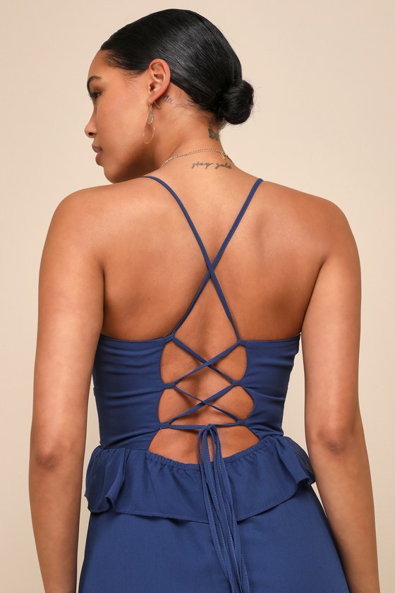 Captivating Class Blue Ruffled Tiered Lace-Up Maxi Dress