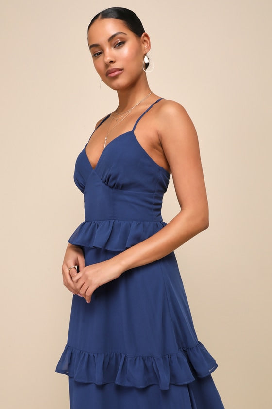 Captivating Class Blue Ruffled Tiered Lace-Up Maxi Dress