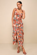 Notable Poise Rust Floral Print Lace-Up Ruffled Maxi Dress