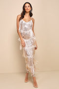 Get in the Groove Champagne Sequin Fringe Bodycon Maxi Dress