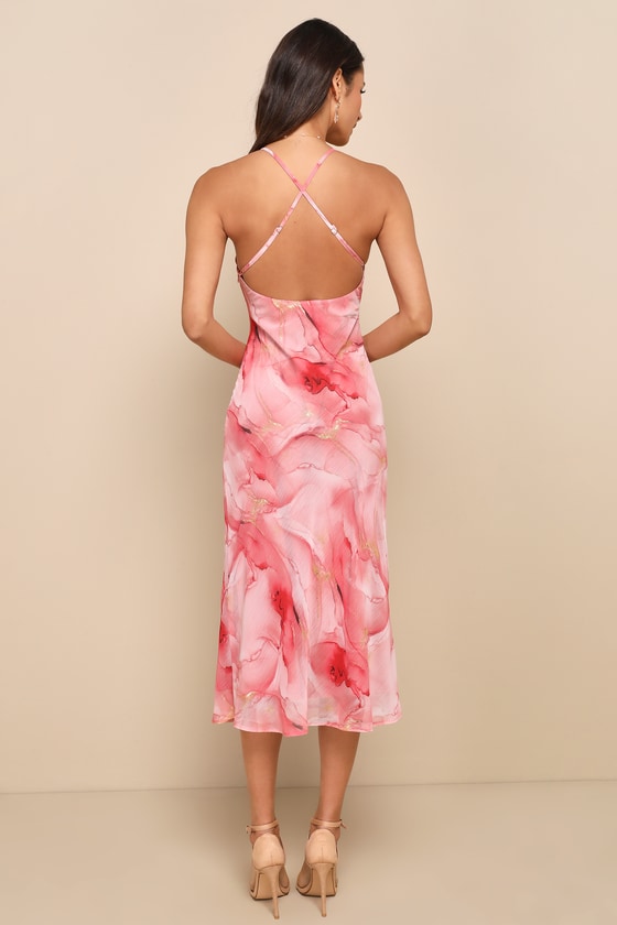 Bright Charm Pink Abstract Print Chiffon Slip Midi Dress