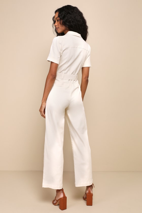Practical Perfection Ivory Twill Short Sleeve Jumpsuit