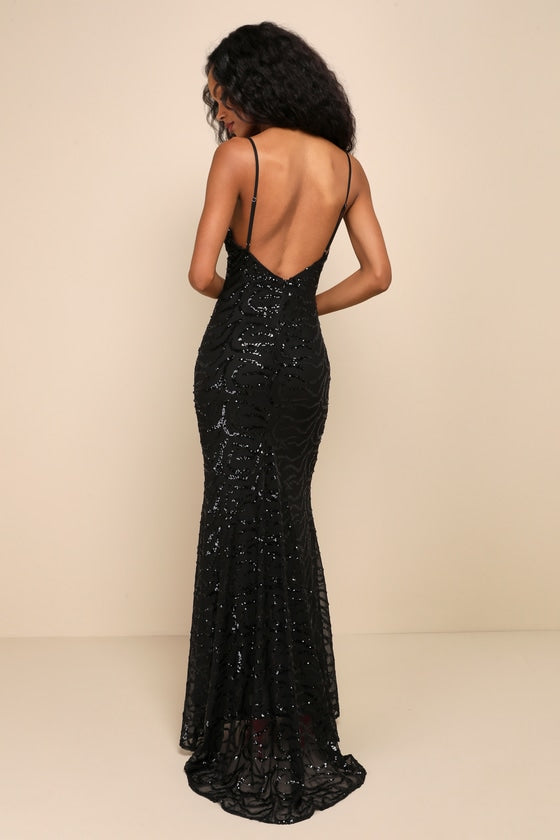 Mesmerizing Demeanor Black Sequin Backless Mermaid Maxi Dress