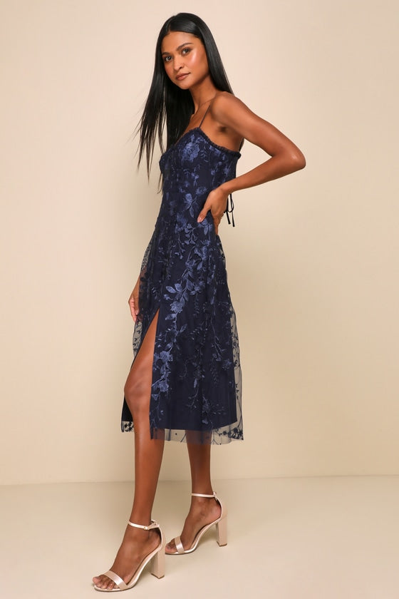 Charmingly Sophisticated Navy Blue Tulle Embroidered Midi Dress