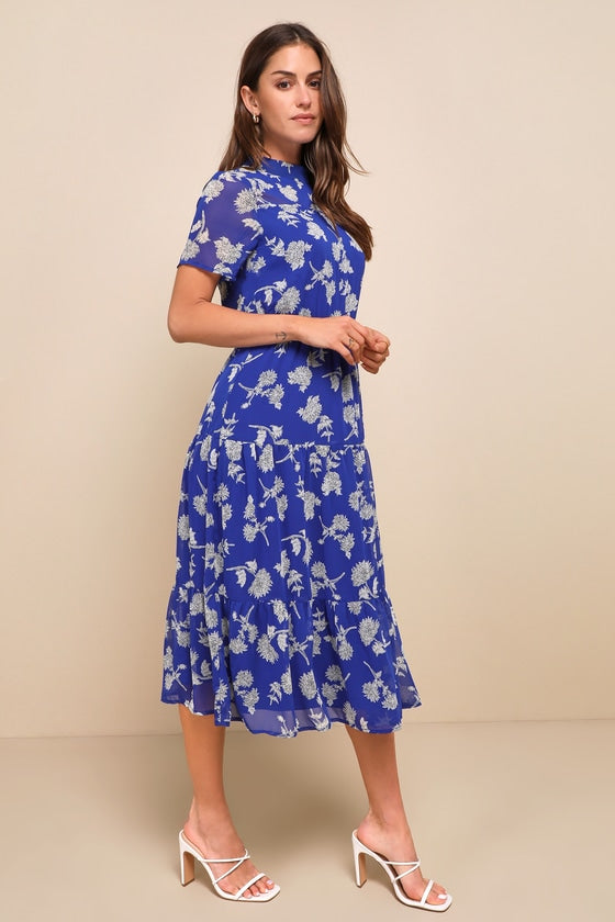 Floral Dressed Up Royal Blue Floral Print Midi Dress