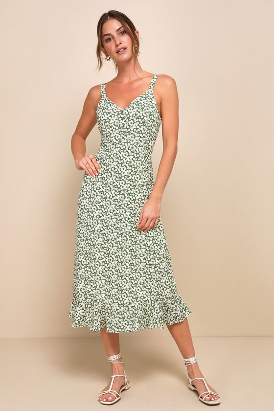 Darling Daisies Green Floral Print Midi Dress