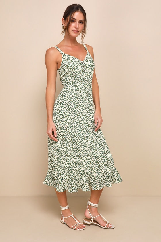 Darling Daisies Green Floral Print Midi Dress