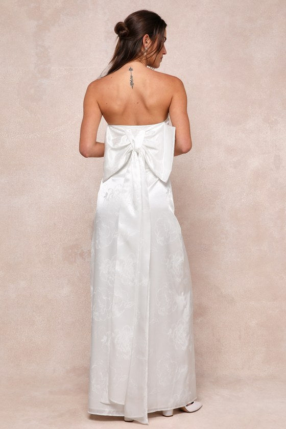 Avid Elegance Ivory Satin Jacquard Strapless Bow Maxi Dress