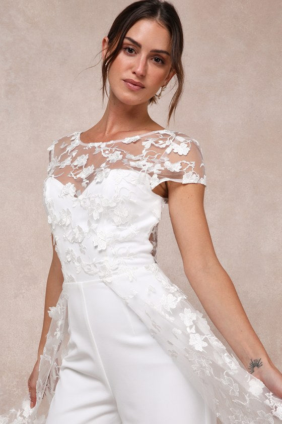 Sophisticated Passion White Floral Embroidered Overlay Jumpsuit