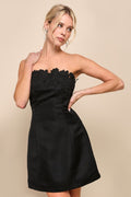 Unforgettable Icon Black Satin Strapless Floral Mini Dress