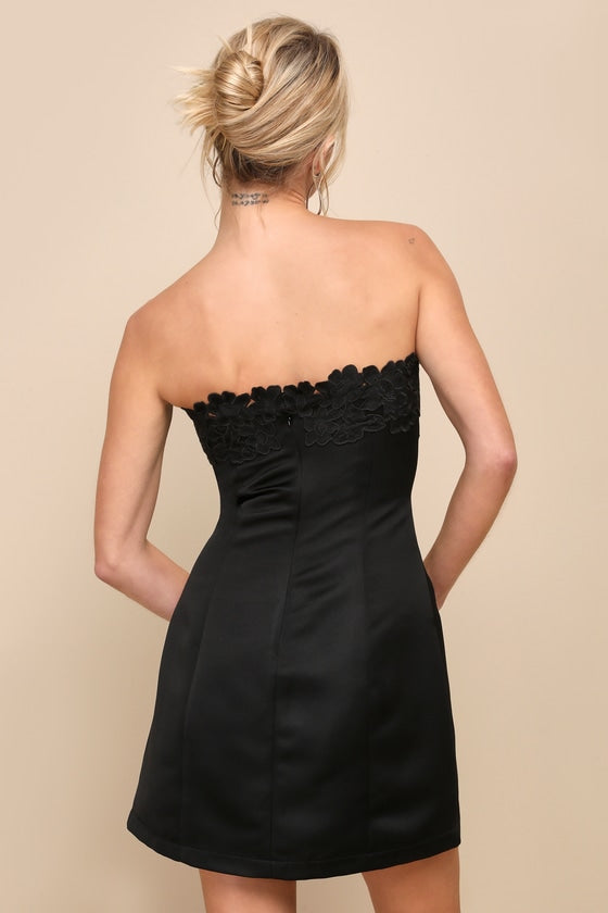 Unforgettable Icon Black Satin Strapless Floral Mini Dress