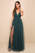 Rare Beauty Hunter Green Tulle Backless Maxi Dress