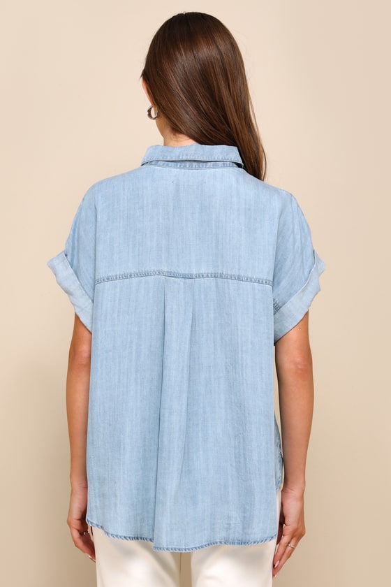 Consistently Confident Blue Chambray Collared Button-Up Top