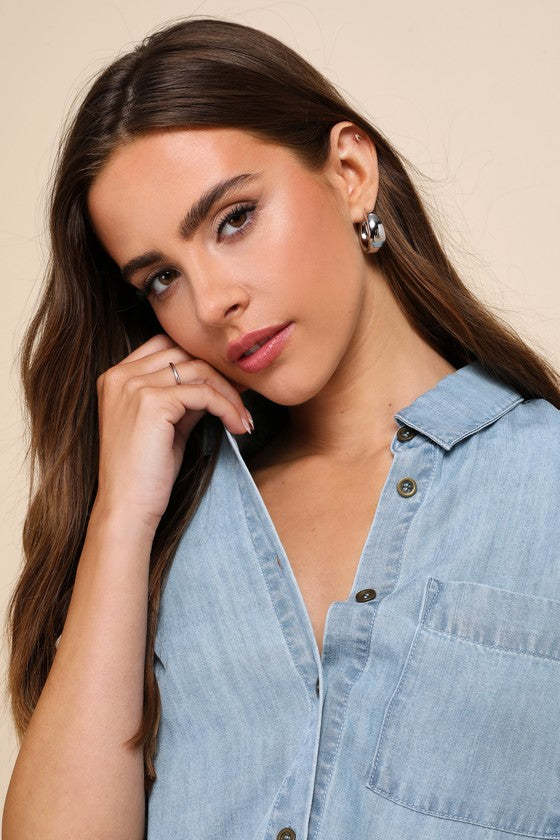 Consistently Confident Blue Chambray Collared Button-Up Top
