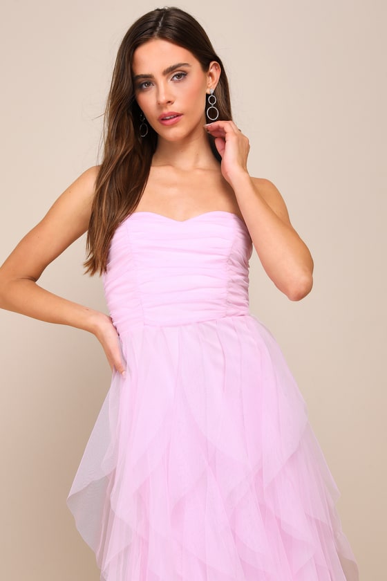 Delightful Beauty Pink Mesh Strapless Ruched Ruffled Maxi Dress