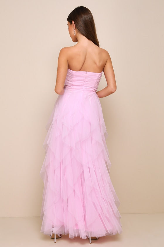 Delightful Beauty Pink Mesh Strapless Ruched Ruffled Maxi Dress
