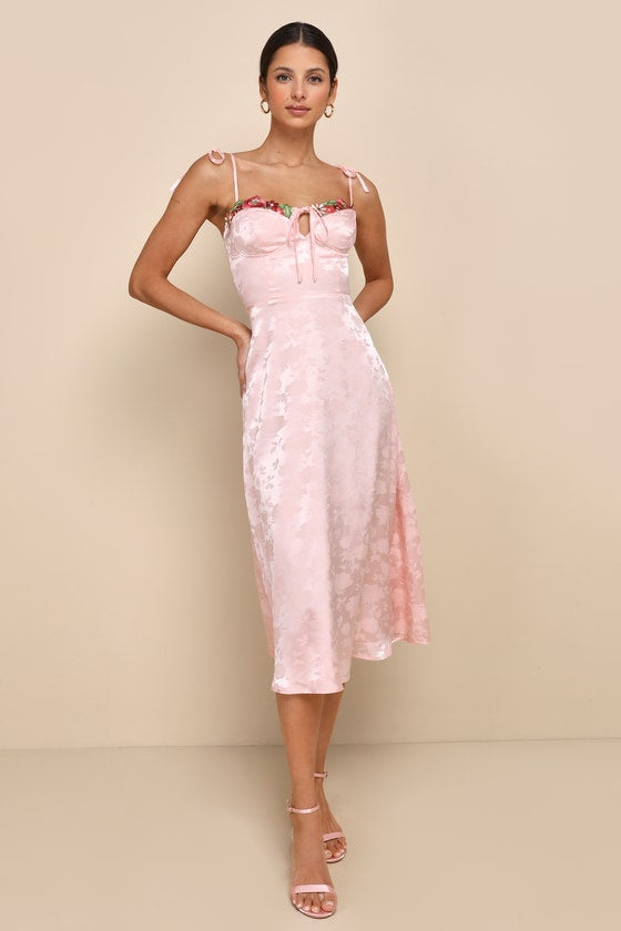 Ethereal Muse Light Pink Satin Jacquard Embroidered Midi Dress
