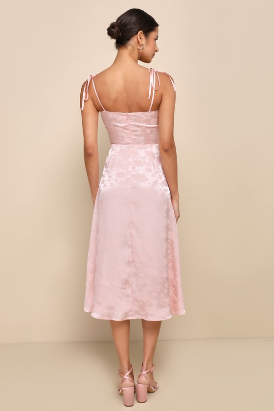 Ethereal Muse Light Pink Satin Jacquard Embroidered Midi Dress