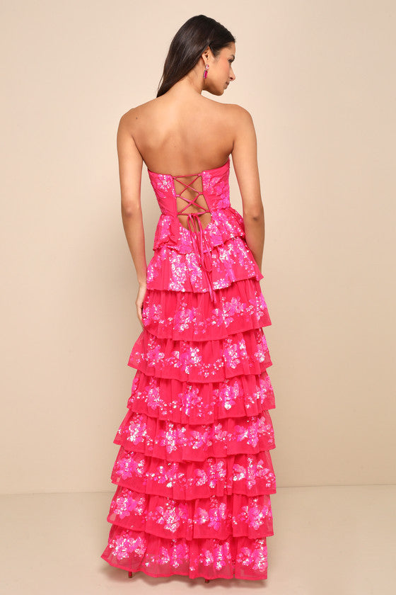 Definite Glamour Hot Pink Sequin Strapless Bustier Maxi Dress