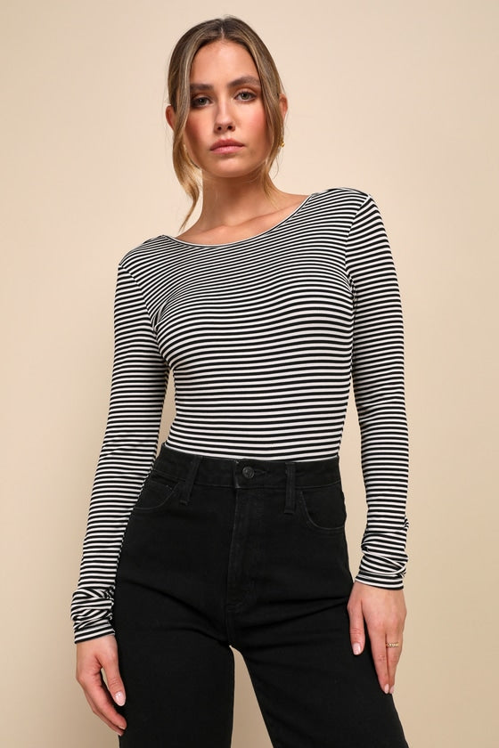 Favorable Cutie Black and White Striped Backless Bodysuit