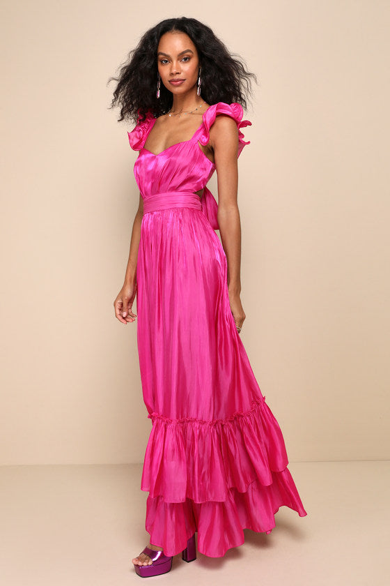 Pristine Glow Magenta Pink Ruffled Tie-Back Maxi Dress