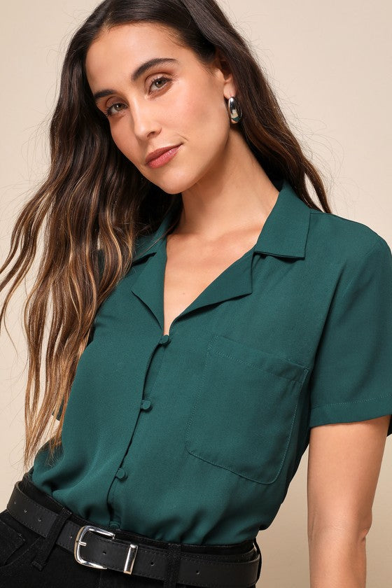 Good Luck Charm Dark Green Short Sleeve Button-Up Top