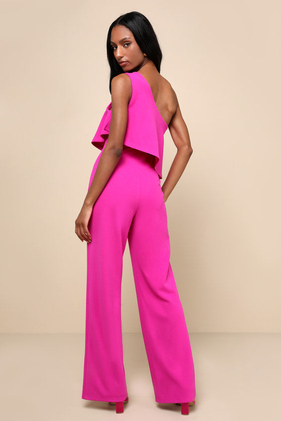 Flawless Vibes Magenta One-Shoulder Tiered Wide-Leg Jumpsuit