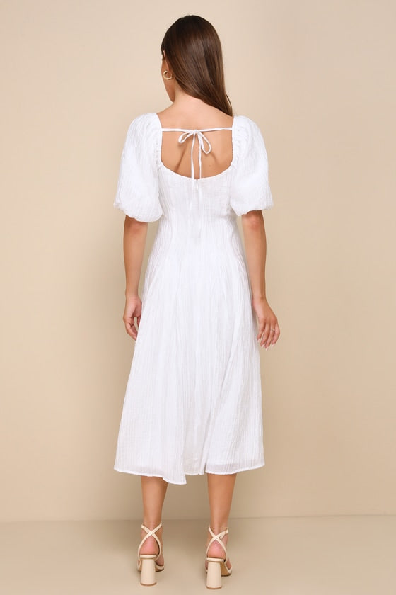 Heavenly Energy White Textured Puff Sleeve Pleated Midi Dress