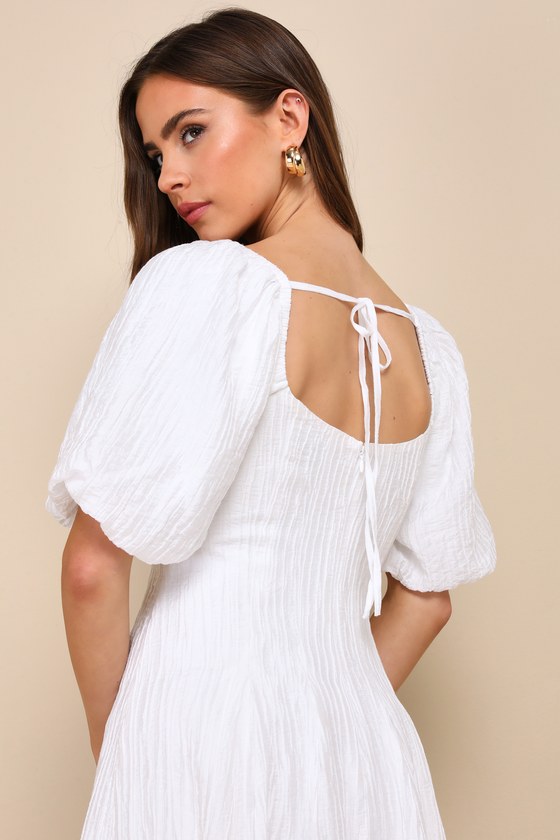 Heavenly Energy White Textured Puff Sleeve Pleated Midi Dress